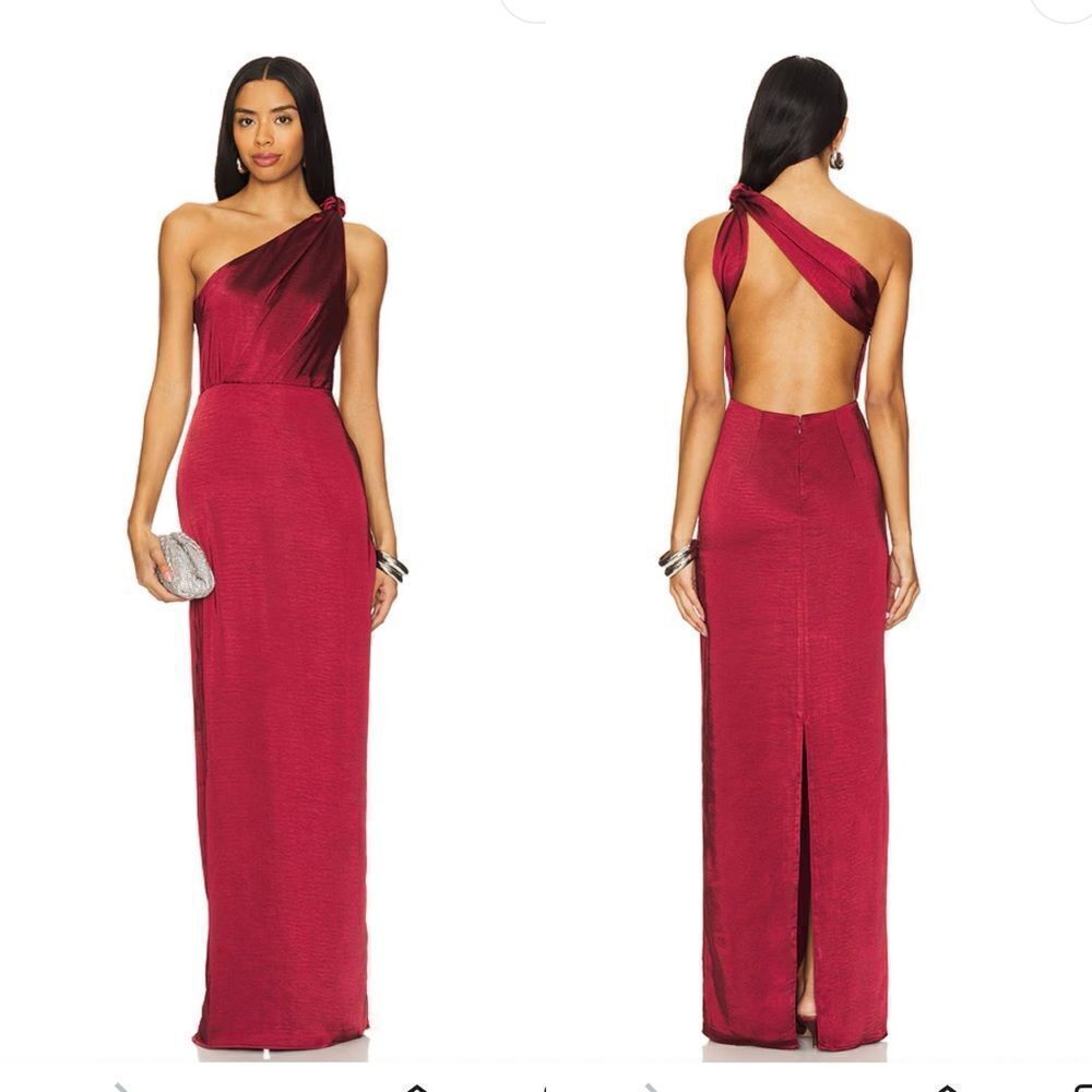 Lovers + Friends bells gown Cabernet Red One Shoulder satin dress Revolve XXS